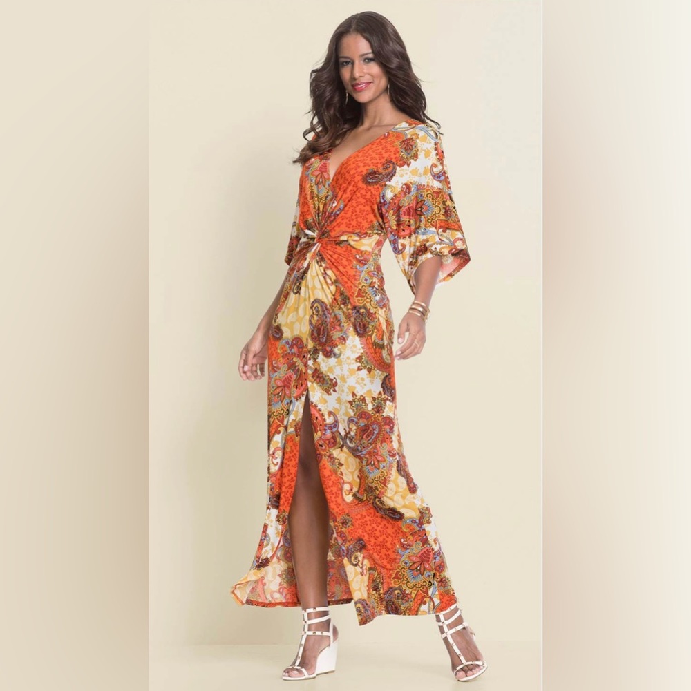 Twist front orange yellow maxi dress